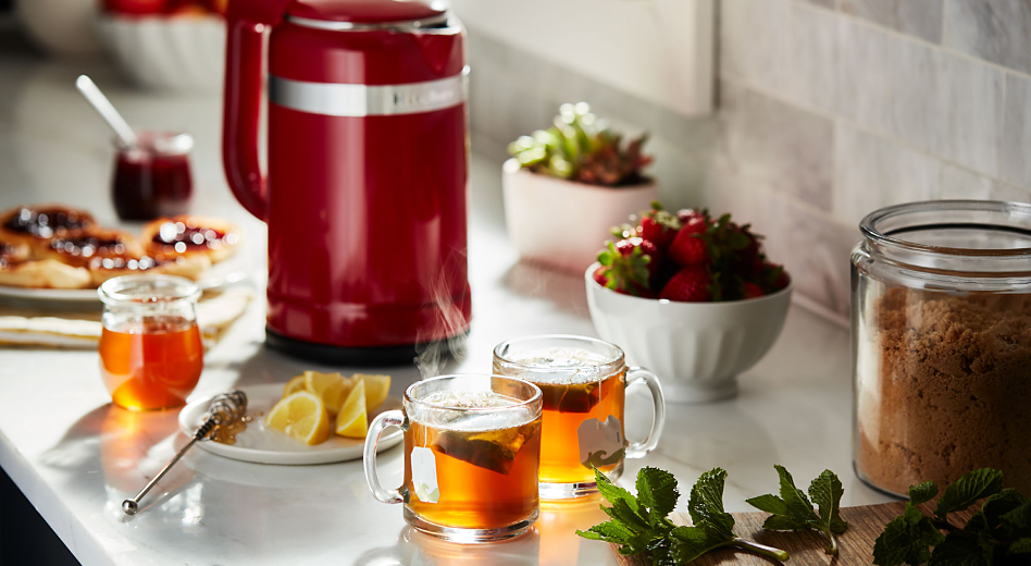 KitchenAid® electric kettle and two cups of tea