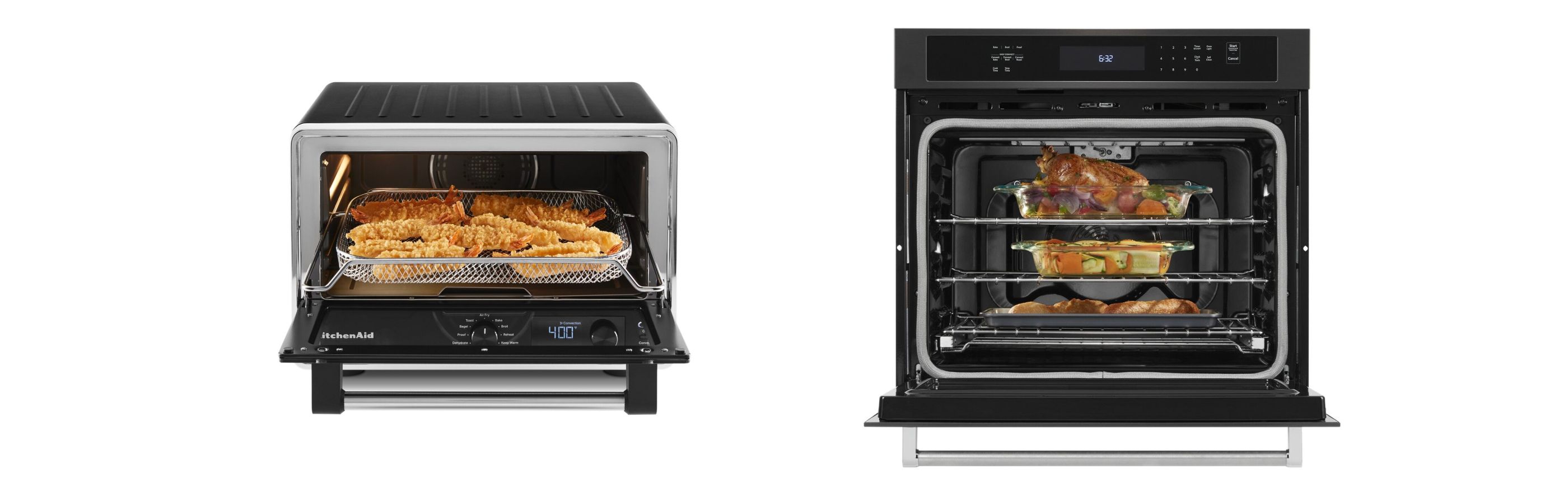 Air fryer next to an oven against a white background