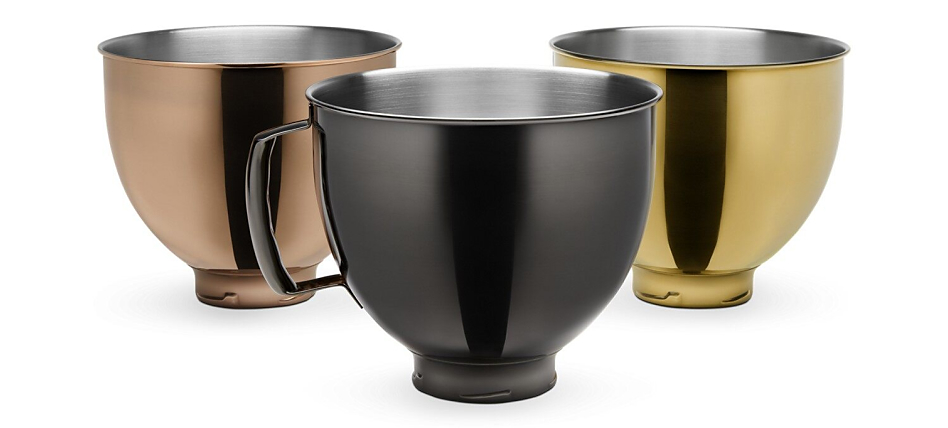 Three stainless steel bowls in black, radiant copper and radiant gold finishes