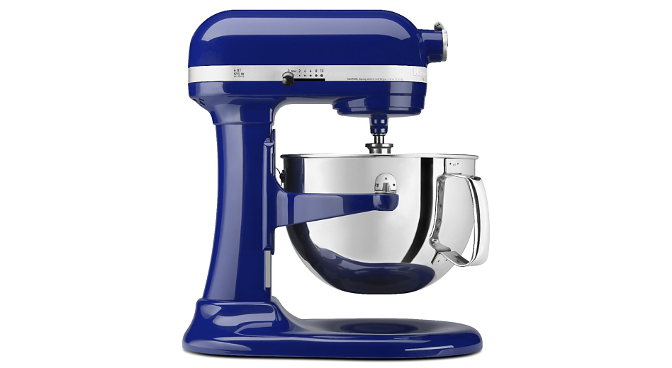 Side profile of dark blue bowl-lift stand mixer with stainless steel bowl