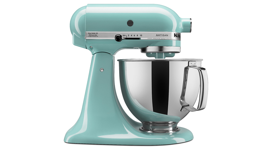 Side profile of aqua sky tilt-head stand mixer with stainless steel bowl