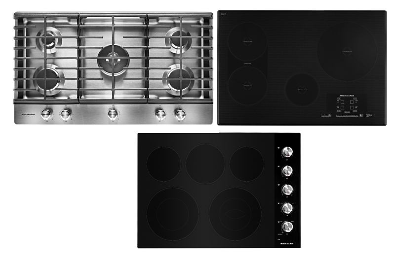 A compairson of a KitchenAid® gas, induction, and electric cooktops