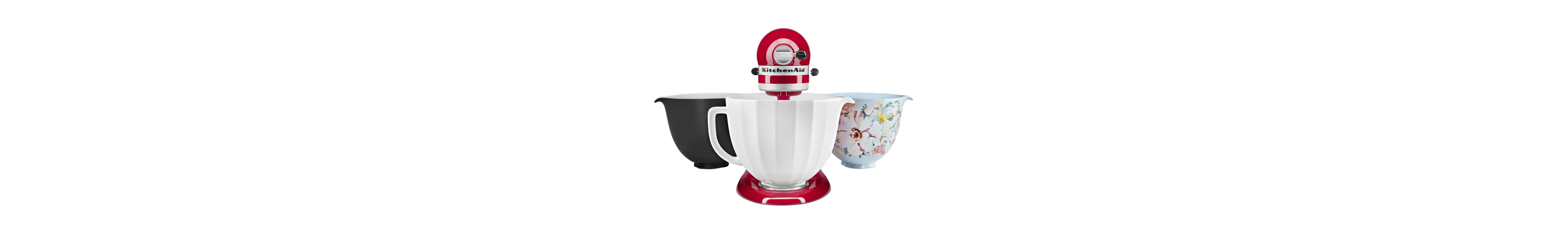 Red stand mixer with three ceramic bowls that are interchangeable