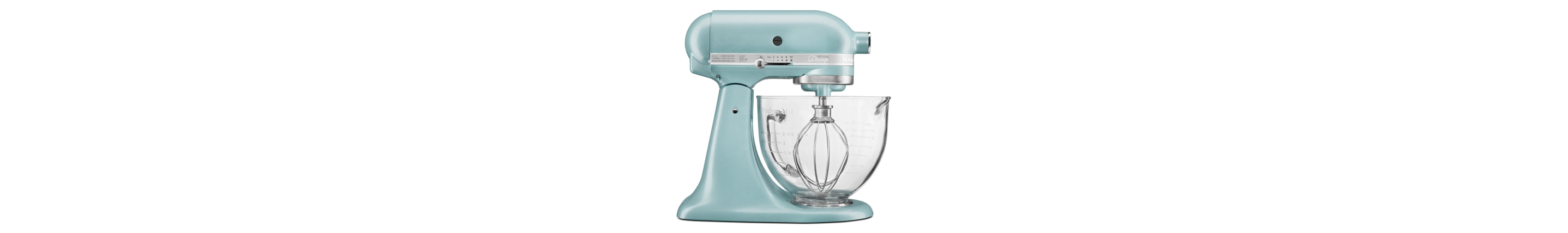 Side profile of light blue stand mixer with glass bowl