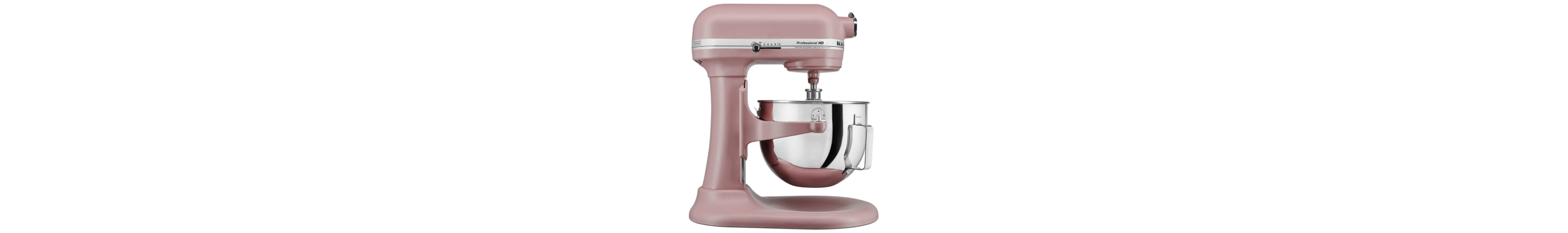 Side profile of matte pink bowl-lift stand mixer