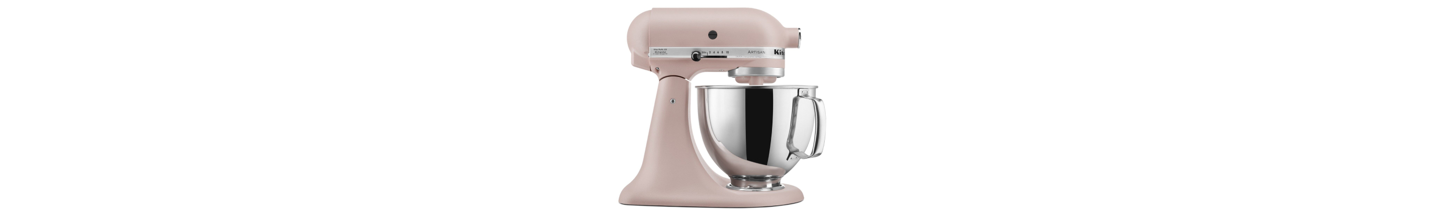 Side profile of light pink stand mixer for bakers