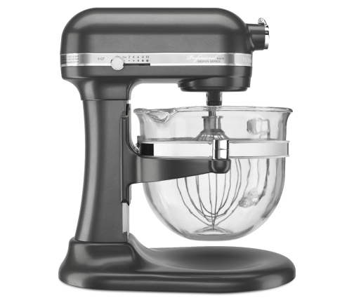 Side profile of large pewter-colored bowl-lift stand mixer for expert bakers