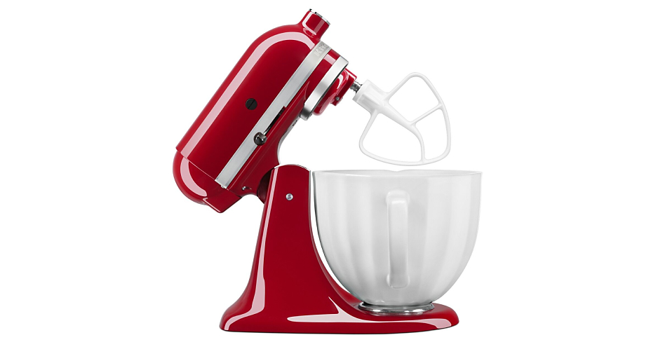 Side profile of red tilt-head stand mixer with head tilted back
