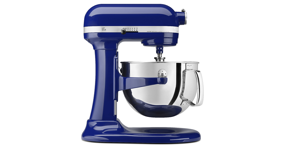 Side profile of blue bowl-lift stand mixer