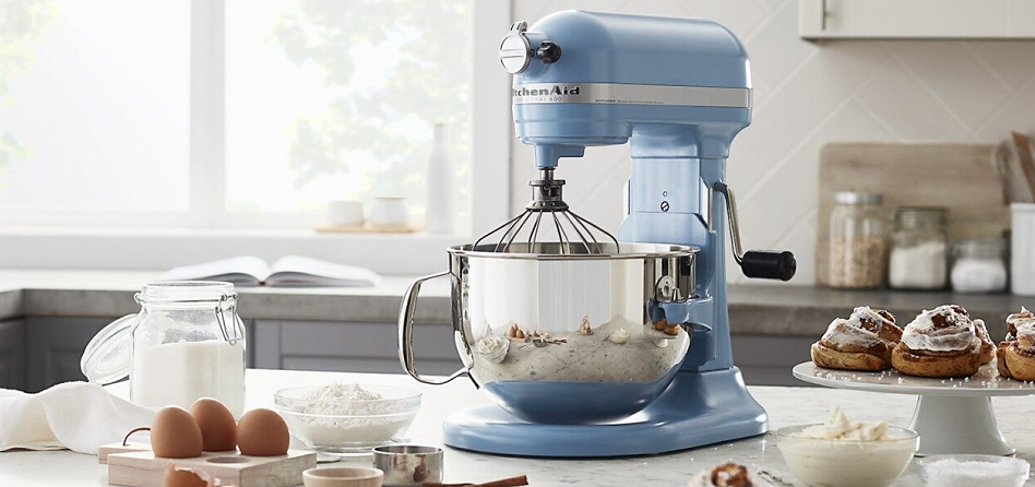Blue Velvet bowl-lift stand mixer on countertop surrounded by cooking ingredients