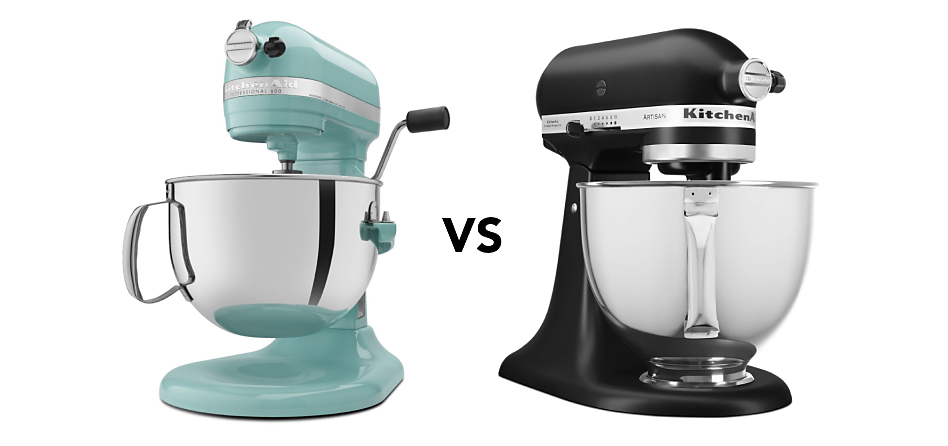 Blue bowl-lift stand mixer next to a black tilt-head stand mixer with “vs” in between