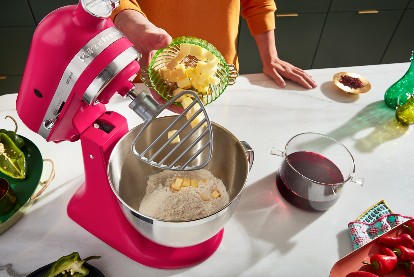 Cutting butter into flour with KitchenAid® stand mixer and pastry beater