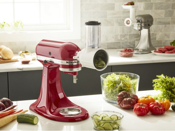 KitchenAid® stand mixer with fresh prep attachment and salad ingredients
