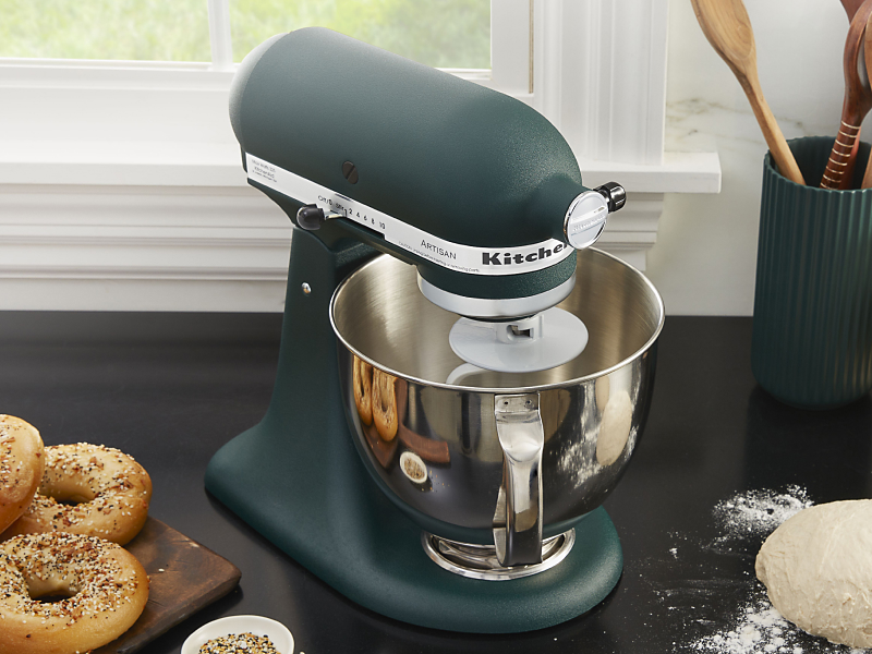KitchenAid® stand mixer with dough and homemade bagels