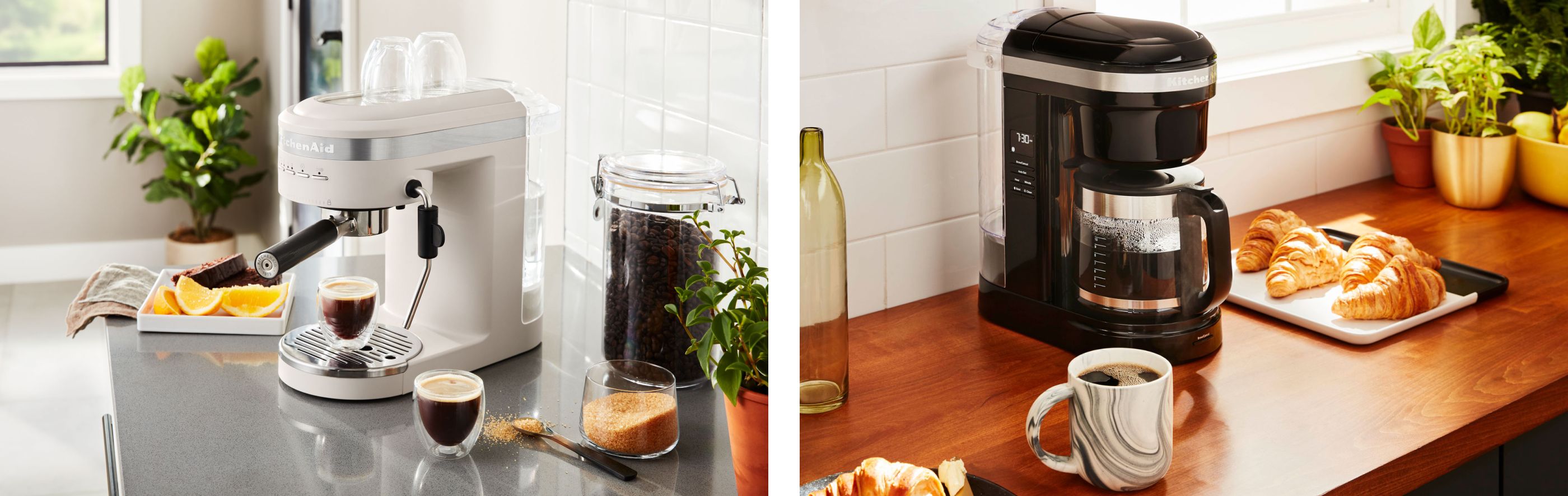 An espresso machine next to a coffee maker in different kitchens
