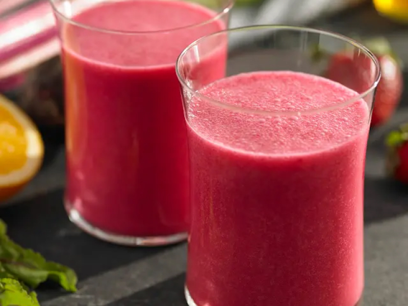Beetroot smoothies in clear glasses