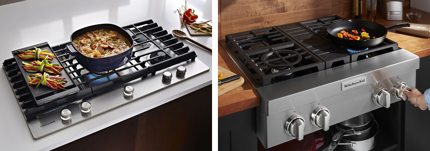 A side-by-side comparison of a cooktop vs rangetop
