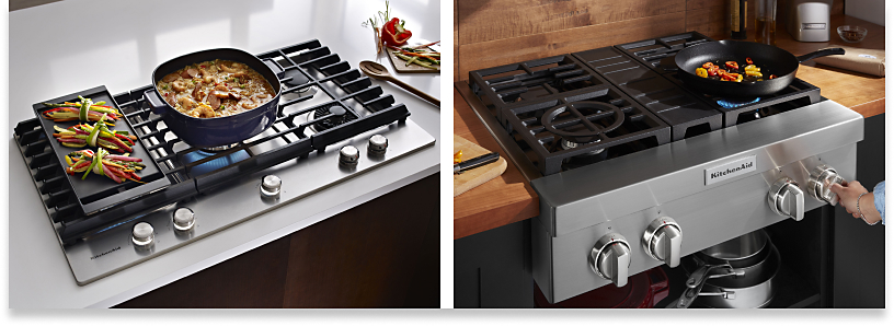 A side-by-side comparison of a cooktop vs rangetop