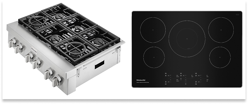 A side-view of a stainless steel KitchenAid® rangetop. A top-view of a black KitchenAid® cooktop