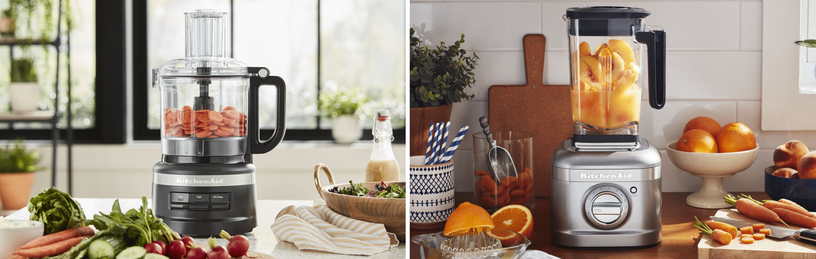 Two side-by-side images of a KitchenAid® blender and a KitchenAid® food processor.