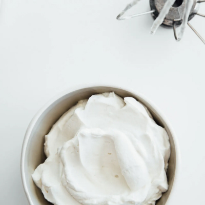 Birds-eye view of a bowl of aquafaba whipped cream