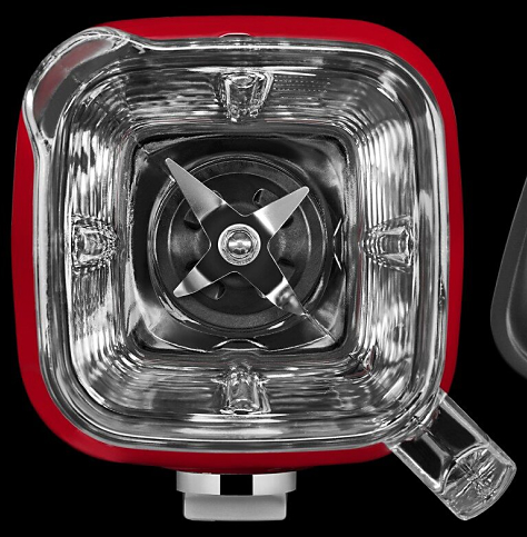 A top-down view of a KitchenAid® blender, looking down at the blades.