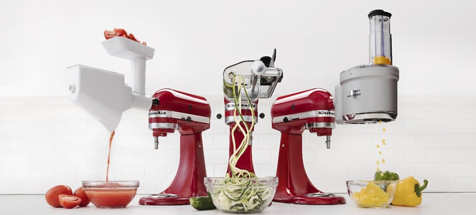 Various KitchenAid® stand mixers with strainer, spiralizer and food processor attachments