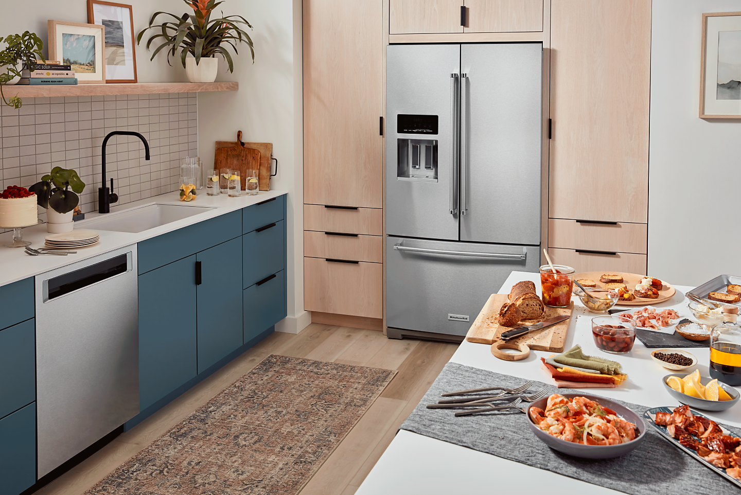 Built-in KitchenAid® French door refrigerator in light brown cabinetry 