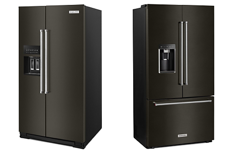 Black stainless steel side by side refrigerator next to a French door refrigerator