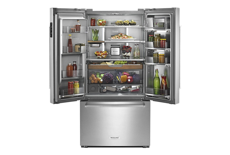 French door refrigerator open on top with food inside