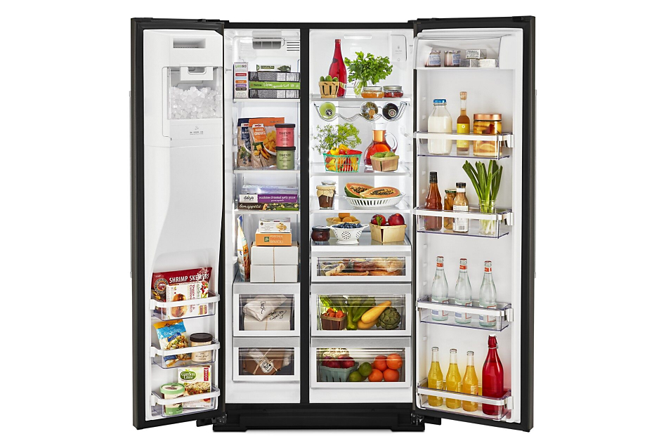 Side by side refrigerator open with food inside