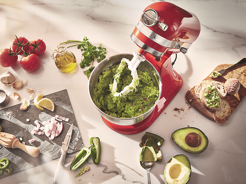 View from above of guacamole in red KitchenAid® stand mixer