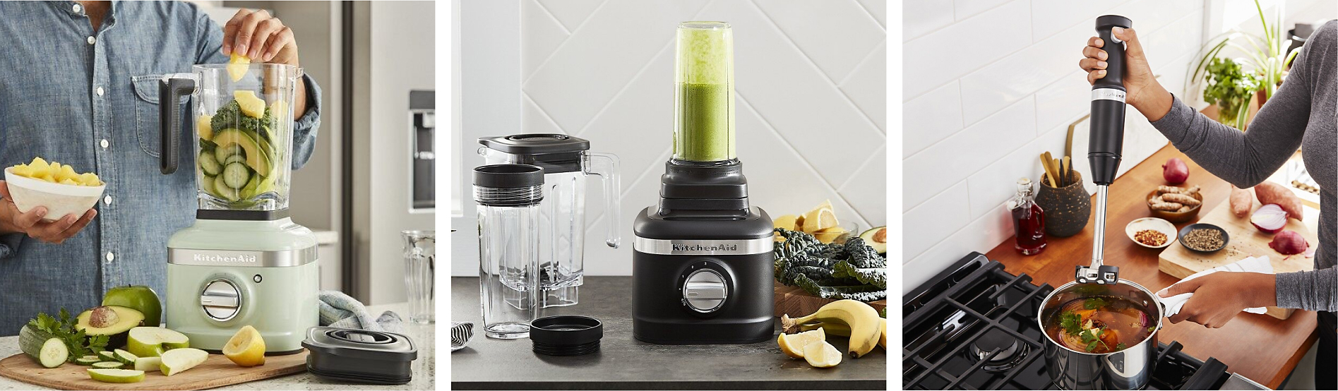 Three types of blenders being used: A countertop blender, personal blender and immersion blender