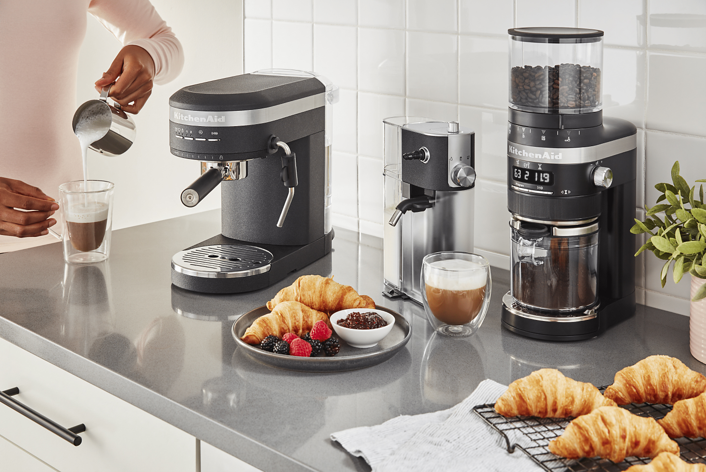 Coffee station with a KitchenAid® Espresso Maker, Milk Frother Attachment and Burr Grinder
