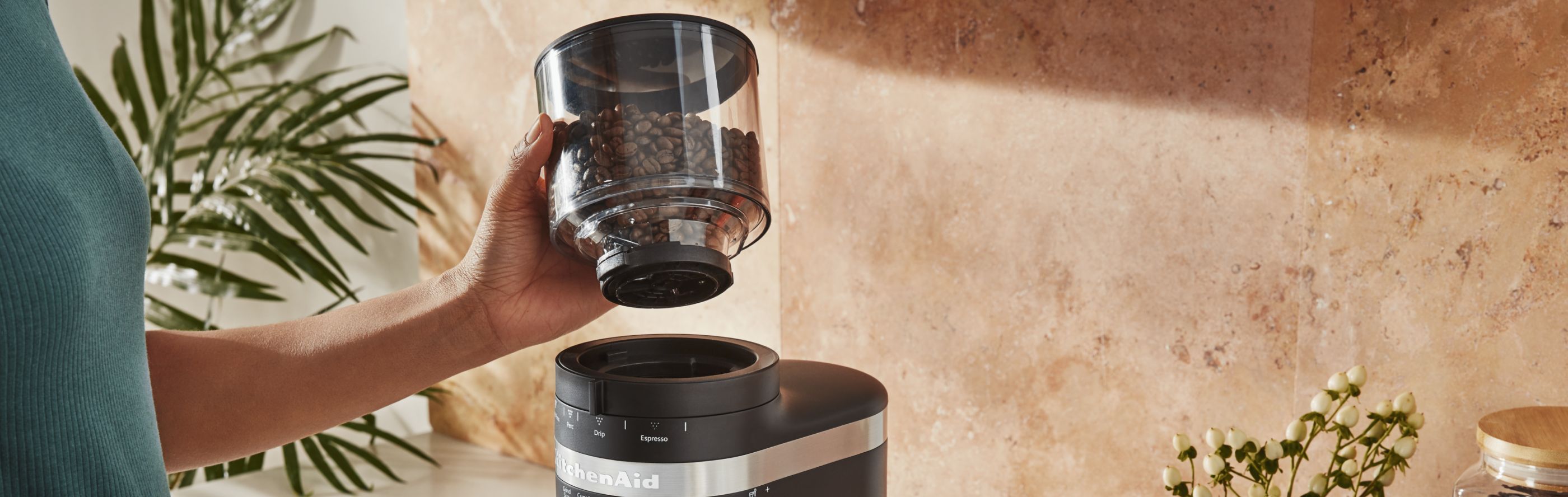 KitchenAid® burr grinder full of coffee beans