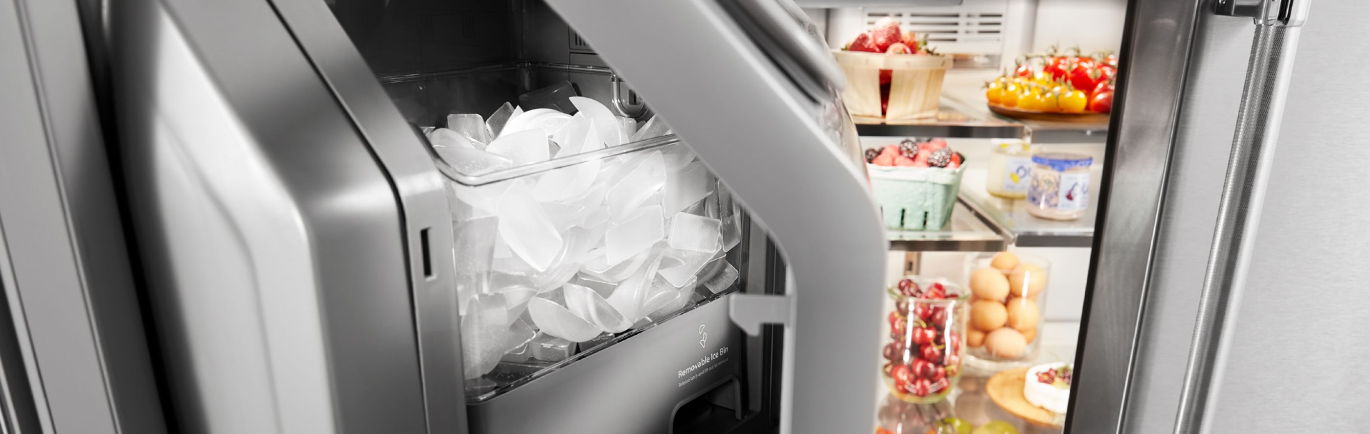 Close up of a refrigerator ice maker 