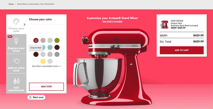 Gif of the KitchenAid customization tool color selection