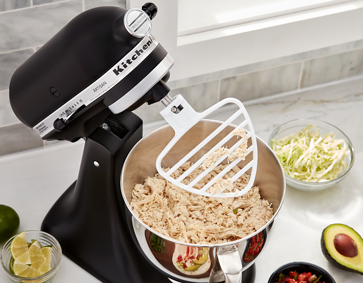 Black KitchenAid® Stand Mixer tilted up with pastry blender attachment Black KitchenAid® Stand Mixer tilted up with pastry blender attachment