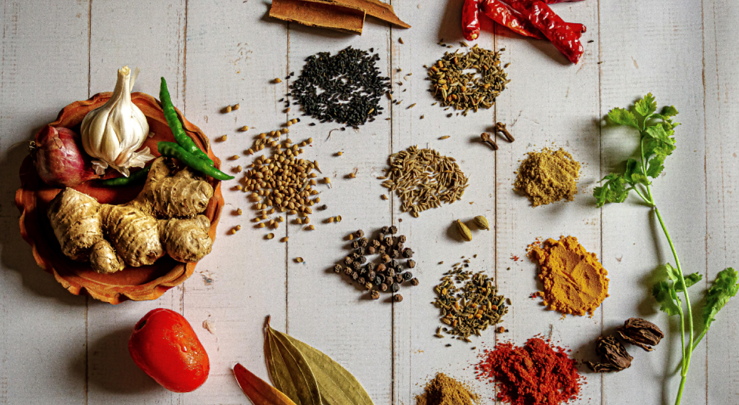 Herbs and spices on wooden table