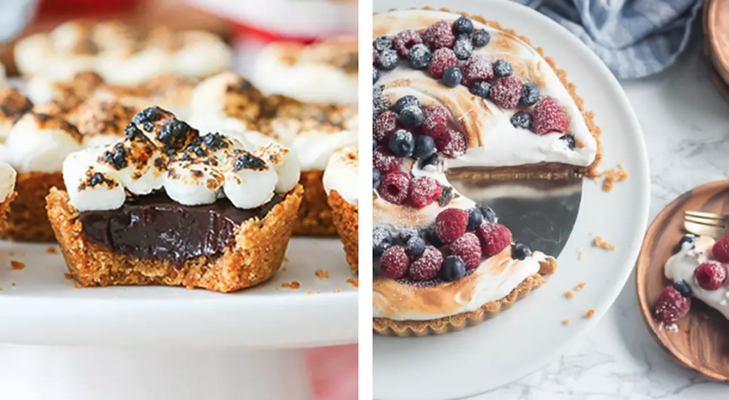 Side-by-side images of s'mores tarts and meringue pie topped with fresh fruit