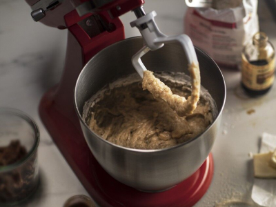 Close-up of KitchenAid® stand mixer bowl filled with batter