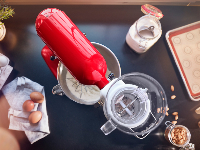 Bird’s eye view of red KitchenAid® stand mixer with the Sifter + Scale Attachment