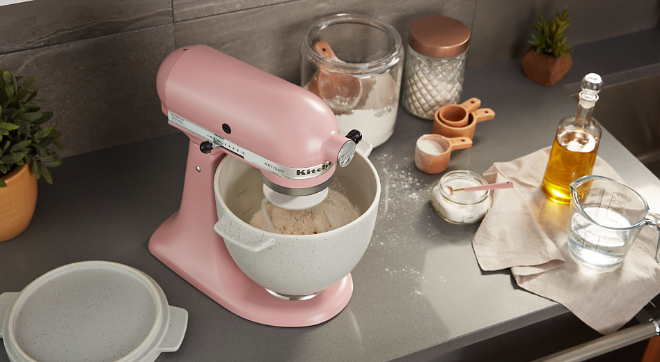 Silk Pink stand mixer on counter with other bread making equipment