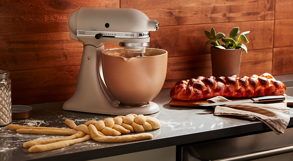 baked braided bread on counter with KitchenAid® stand mixer