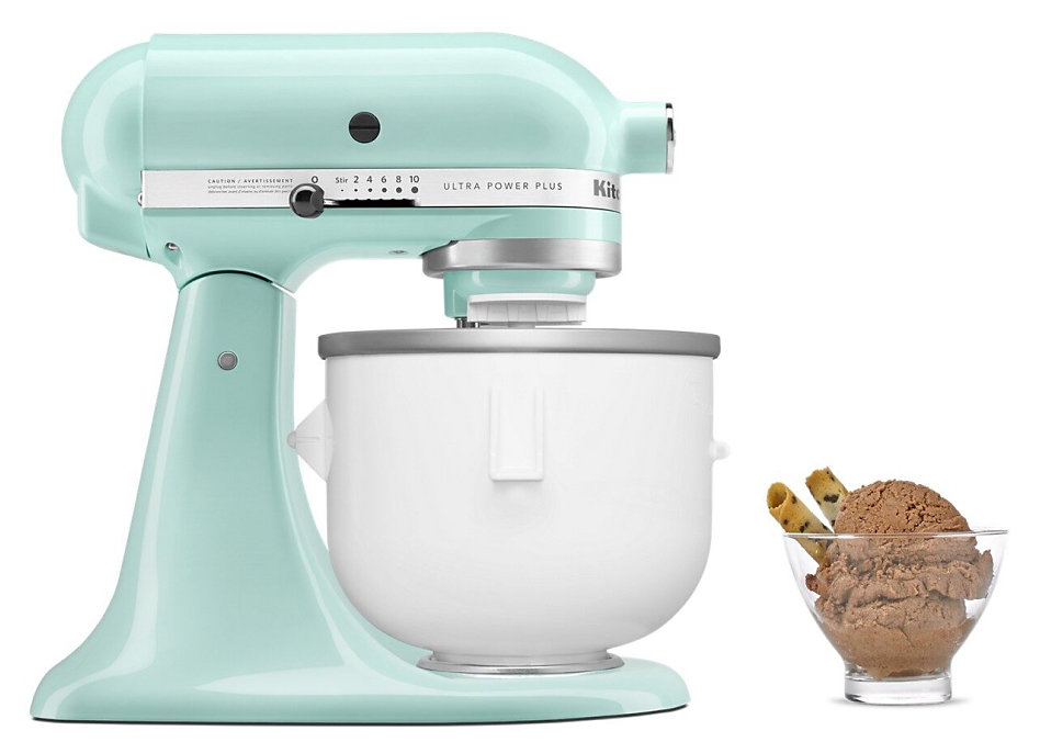Aqua Sky stand mixer with Ice Cream Maker attachment and bowl of chocolate ice cream