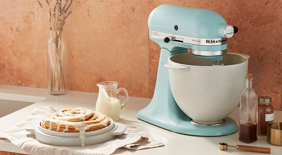 Mineral Water Blue stand mixer on counter with cinnamon roll bread