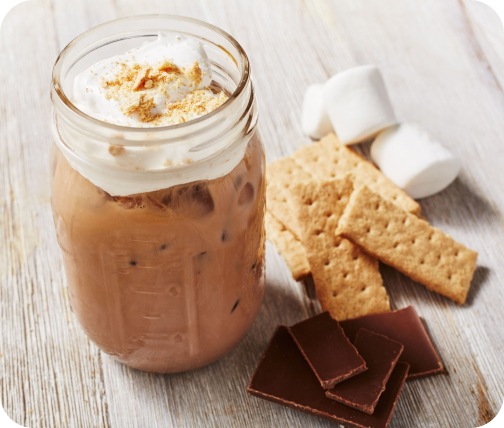 Mason jar with cold brew coffee recipe and s'mores ingredients