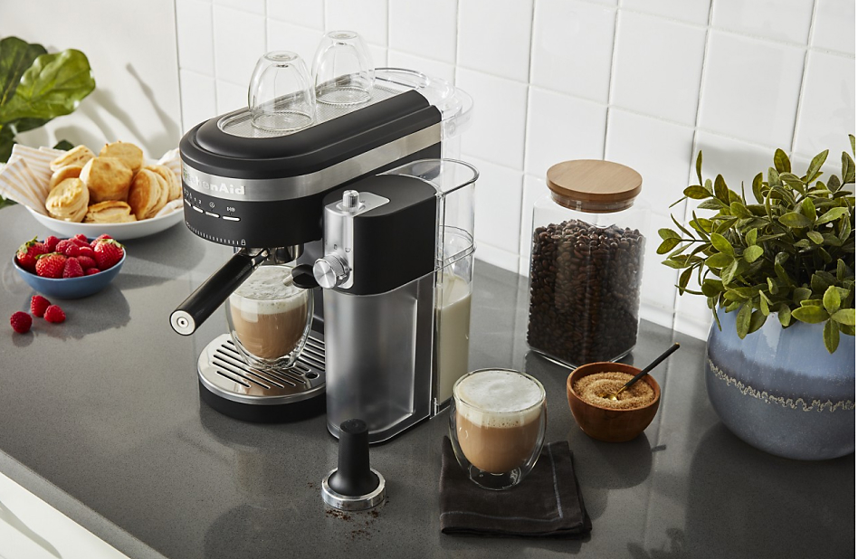 Test A couple lattes near an espresso machine