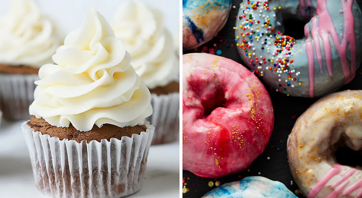 Cupcake with vanilla buttercream side-by-side with festively iced donuts
