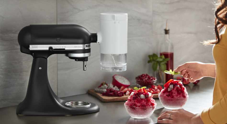 Black KitchenAid® Stand Mixer with Shave Ice Attachment with two servings of Hawaiian shave ice